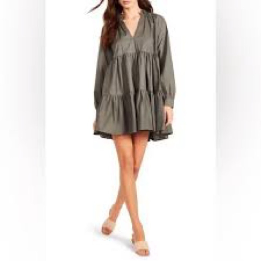 BB Dakota Olive Green Long Sleeve Tiered Mini Dress